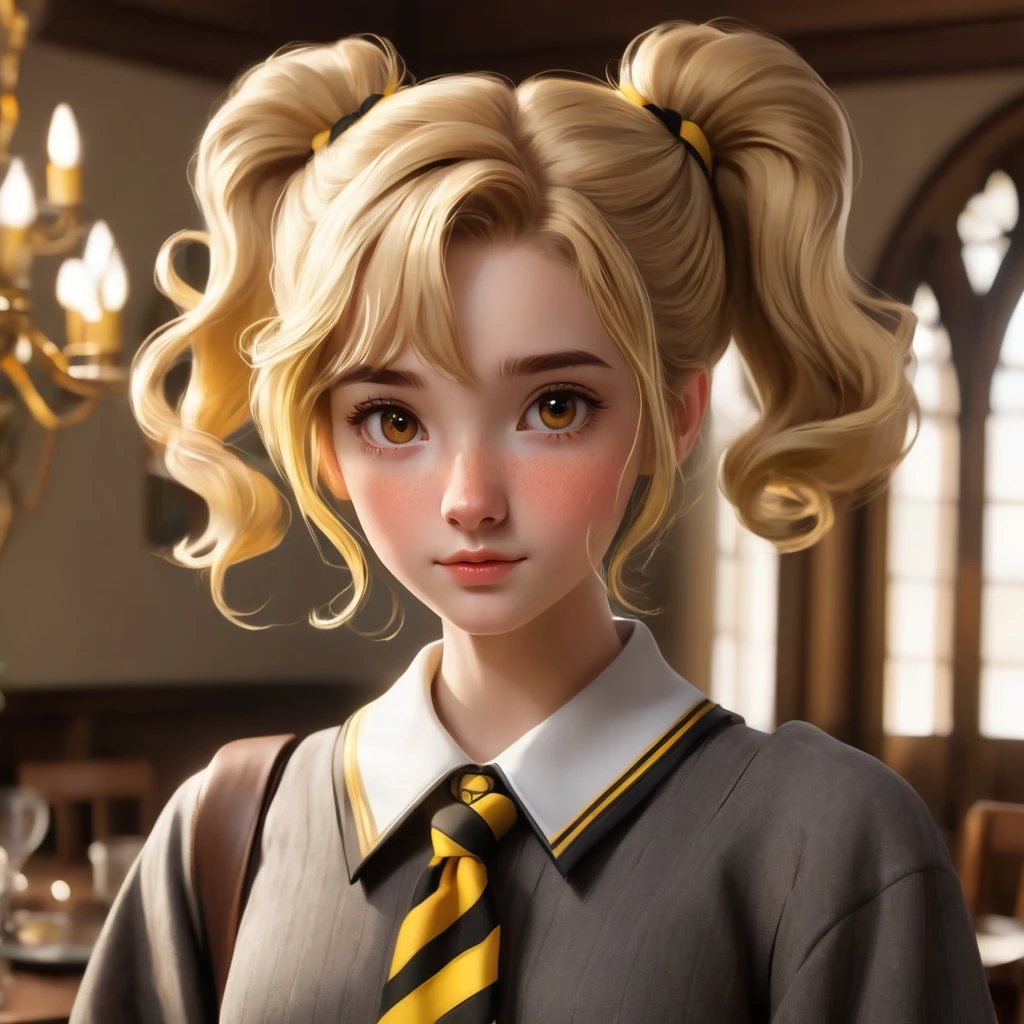 mejor calidad, obra maestra, Estudiante de Hogwarts, Hufflepuff, cabello corto, colas gemelas altas. corto, de dos colas, Cabello Rubio Dorado, serious, muy travieso, lindo y brillante, con pecas en la cara. ojos marrones Un rostro detallado, Piel hermosa, el fondo está en el comedor, suave, luz misteriosa, suave shadows. Texturas detalladas, iluminación dinámica