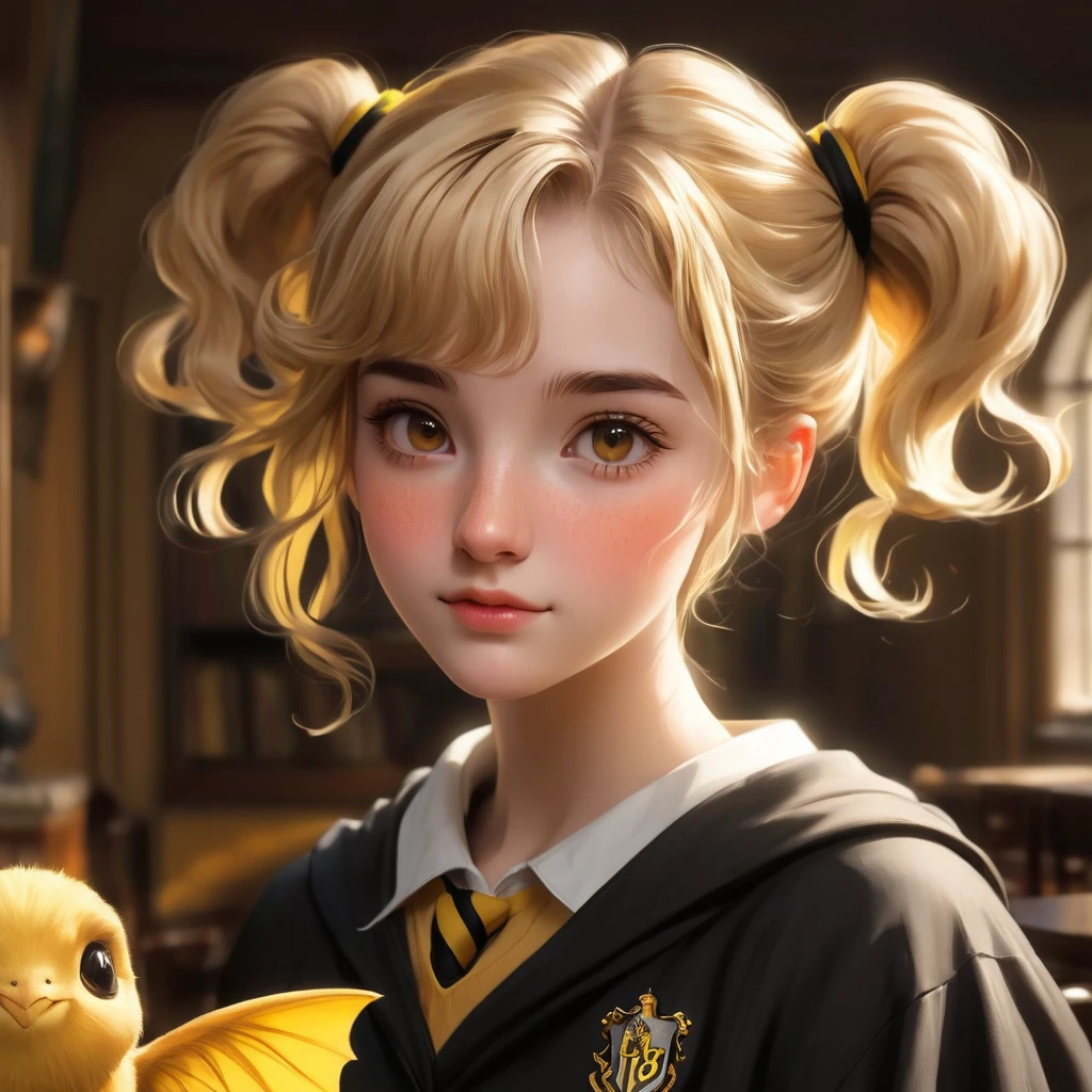 mejor calidad, obra maestra, Estudiante de Hogwarts, Hufflepuff, cabello corto, colas gemelas altas. corto, de dos colas, Cabello Rubio Dorado, serious, muy travieso, lindo y brillante, con pecas en la cara. ojos marrones Un rostro detallado, Piel hermosa, el fondo está en el comedor, suave, luz misteriosa, suave shadows. Texturas detalladas, iluminación dinámica