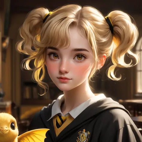 Best quality, masterpiece, Hogwarts student, Hufflepuff, short hair, high twin tails. Short, twin-tailed, golden blonde hair, se...