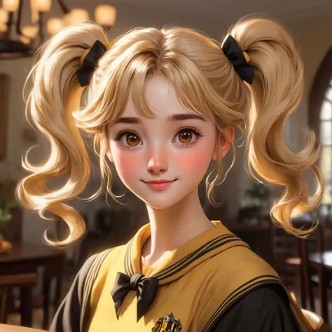 Best quality, masterpiece, Hogwarts student, Hufflepuff, short hair, high twin tails. Short, twin-tailed, golden blonde hair, se...