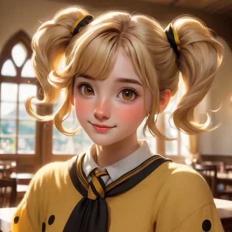 Best quality, masterpiece, Hogwarts student, Hufflepuff, short hair, high twin tails. Short, twin-tailed, golden blonde hair, se...