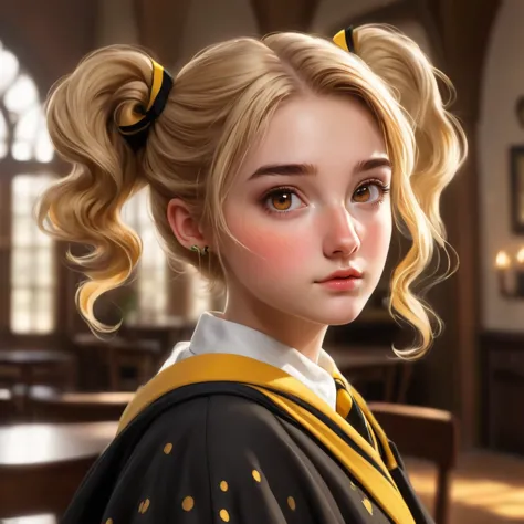 Best quality, masterpiece, Hogwarts student, Hufflepuff, short hair, high twin tails. Short, twin-tailed, golden blonde hair, se...