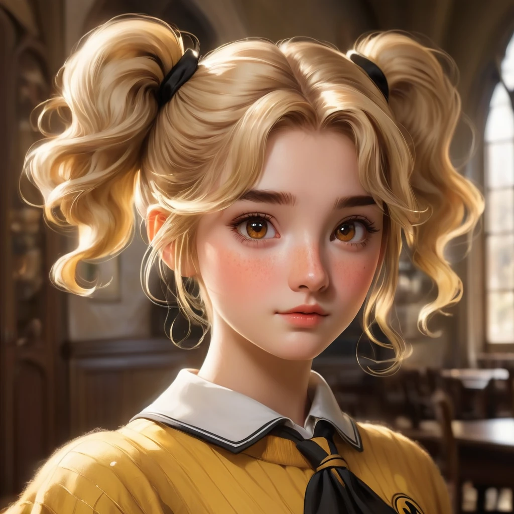 beste Qualität, Meisterwerk, Hogwarts-Schüler, Hufflepuff, Kurzes Haar, Hohe Doppelschwänze. kurz, Zweischwänzig, golden blonde hair, ernst, sehr boshaft, süß und hell, mit Sommersprossen im Gesicht. braune Augen Ein detailliertes Gesicht, Schöne Haut, Der Hintergrund ist im Esszimmer, soft, Geheimnisvolles Licht, weiche Schatten. detaillierte Texturen, dynamische Beleuchtung