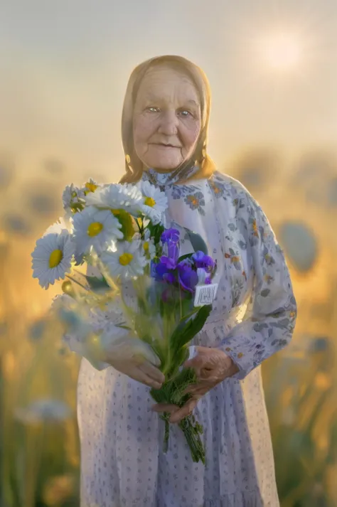 grandma stands in a chamomile field, there are a lot of daisies, Sunset evening light, in her hands she holds a large bouquet of...