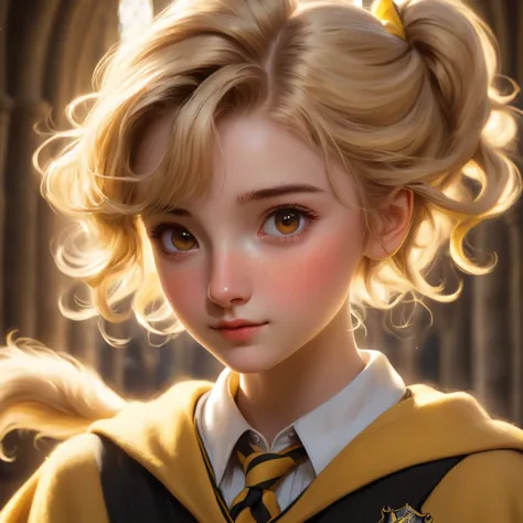 Best quality, masterpiece, Hogwarts student, Hufflepuff, short hair, high twin tails. Short, twin-tailed, golden blonde hair, se...