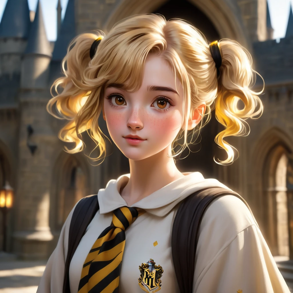 beste Qualität, Meisterwerk, Hogwarts-Schüler, Hufflepuff, Kurzes Haar, Hohe Doppelschwänze. kurz, Zweischwänzig, golden blonde hair, ernst, sehr boshaft, süß und hell, mit Sommersprossen im Gesicht. braune Augen Ein detailliertes Gesicht, Schöne Haut, ein Hintergrund im Schloss Hogwarts, soft, Geheimnisvolles Licht, weiche Schatten. detaillierte Texturen, dynamische Beleuchtung