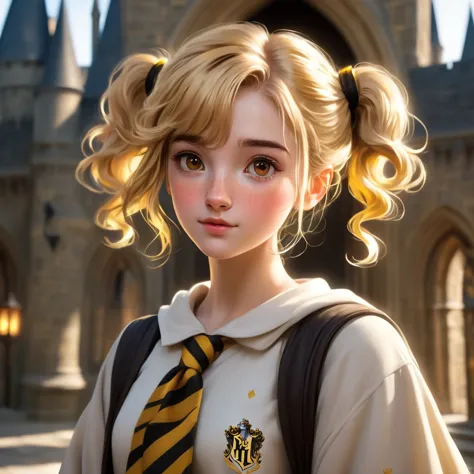 Best quality, masterpiece, Hogwarts student, Hufflepuff, short hair, high twin tails. Short, twin-tailed, golden blonde hair, se...