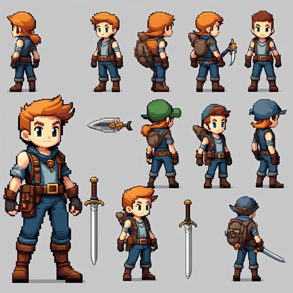 Pixel art,pixel art,Create an original character design sheet,main character of the game,boy,juvenile,adventurer&#39;s outfit,natural perm,musical instrument,bard,((3 views,whole body, background,multiple views,High resolution)),multiple views,multiple poses,Active,action pose,dynamic,nice,cute,masterpiece,highest quality,In detail,Gracefully,RPG,Famicom,Multiple characters,multiple outfits,Final Fantasy,boldly,ASSASIN , BLACK COAT , HUNTER, BLACK HOODIE, ARMOR, DARK SHADOW