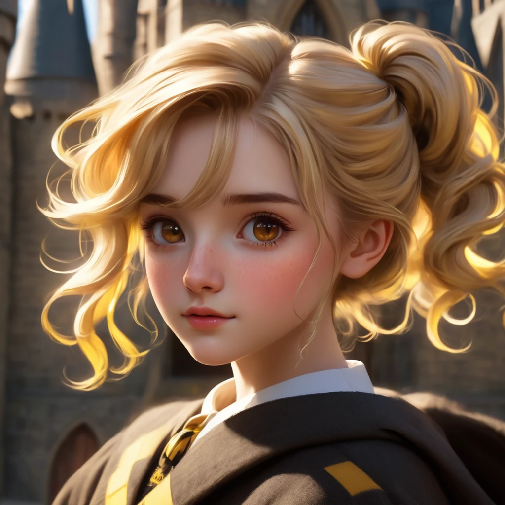 mejor calidad, obra maestra, Estudiante de Hogwarts, Hufflepuff, cabello corto, colas gemelas altas. corto, de dos colas, Cabello Rubio Dorado, serious, muy travieso, lindo y brillante, con pecas en la cara. ojos marrones Un rostro detallado, Piel hermosa, un trasfondo en el Castillo de Hogwarts, suave, luz misteriosa, suave shadows. Texturas detalladas, iluminación dinámica