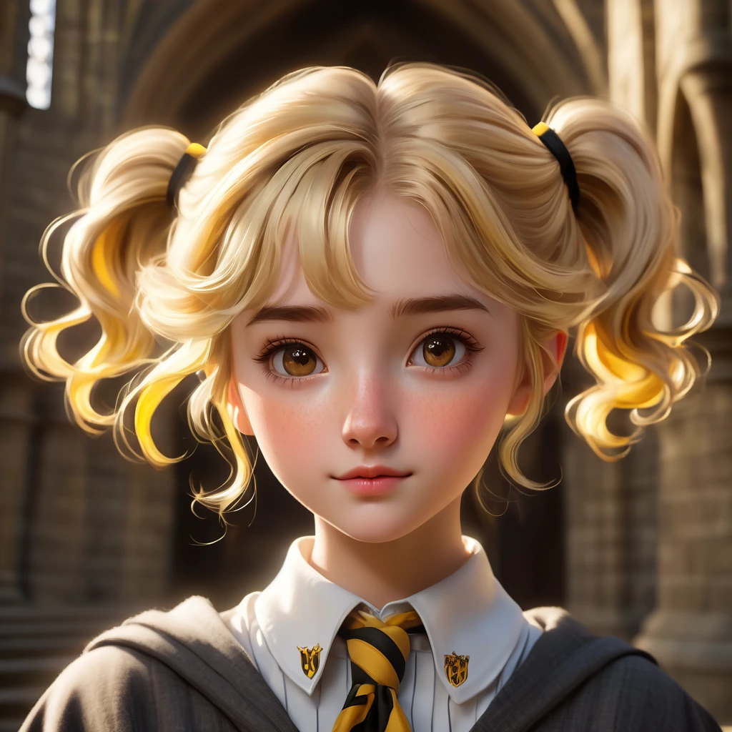 mejor calidad, obra maestra, Estudiante de Hogwarts, Hufflepuff, cabello corto, colas gemelas altas. corto, de dos colas, Cabello Rubio Dorado, serious, muy travieso, lindo y brillante, con pecas en la cara. ojos marrones Un rostro detallado, Piel hermosa, un trasfondo en el Castillo de Hogwarts, suave, luz misteriosa, suave shadows. Texturas detalladas, iluminación dinámica