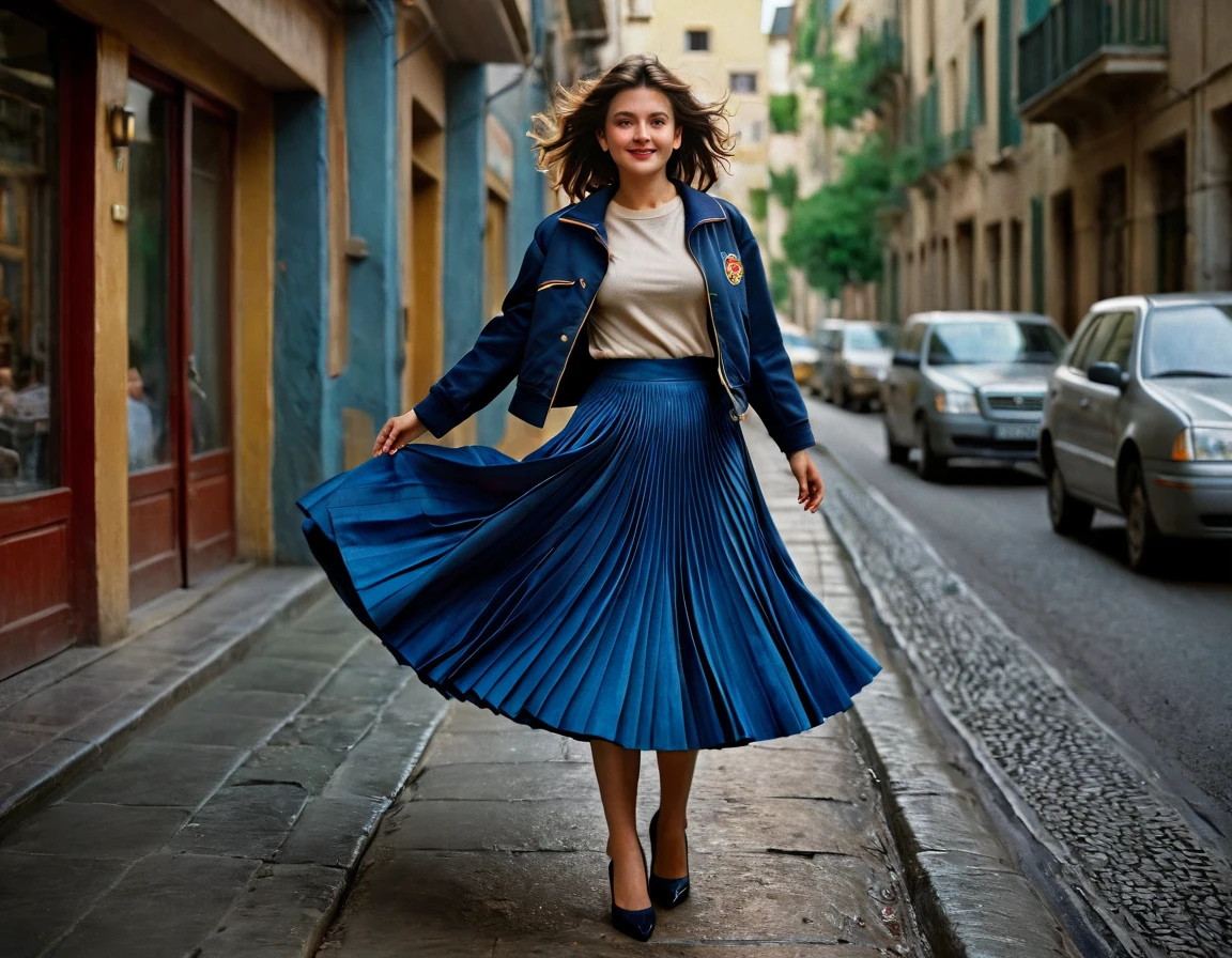 A smiling, authentic, (shy:1,3), kind, beautiful woman, is passionately in love with her skirt, wind lifts her skirt, wearing uniform jacket and very, very detailed (long (fully pleated) full circle skirt) and (low heeled court shoes), very, very intricate hyper-detailed symmetric (attractive graceful young feminine face) with (sad, tired eyes and a loving smile), very voluptuous breasts, full of empathy and compassion and love, (pronounced (feminine) features), (highly detailed ultra accurate realistic) hands and fingers, (windy), epic composition, highly detailed attributes, (35mm f1.4 Kodak portra 400 photograph), extremely high quality RAW photograph, highly detailed atmosphere, sci-fi, cinematic shot, dynamic lighting, 75mm, Technicolor, Panavision, cinemascope, sharp focus, fine details, 8k, HDR, realism, realistic, key visual, film still, superb cinematic color grading, depth of field