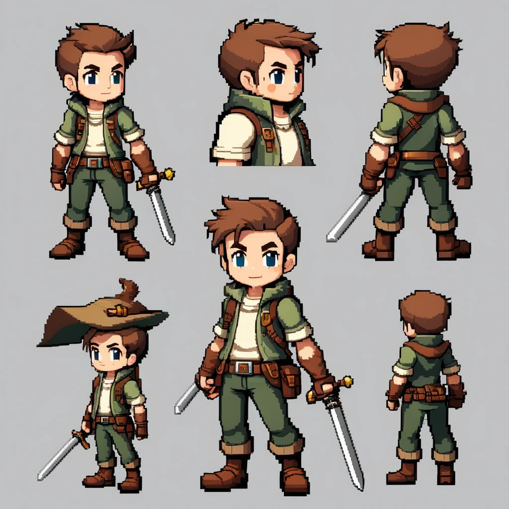 Pixel art,pixel art,Create an original character design sheet,main character of the game,boy,juvenile,adventurer&#39;s outfit,natural perm,musical instrument,bard,((3 views,whole body, background,multiple views,High resolution)),multiple views,multiple poses,Active,action pose,dynamic,nice,masterpiece,highest quality,In detail,Gracefully,RPG,Famicom,Multiple characters,multiple outfits,Final Fantasy,boldly,ASSASIN , BLACK COAT , HUNTER, BLACK HOODIE, ARMOR, DARK SHADOW