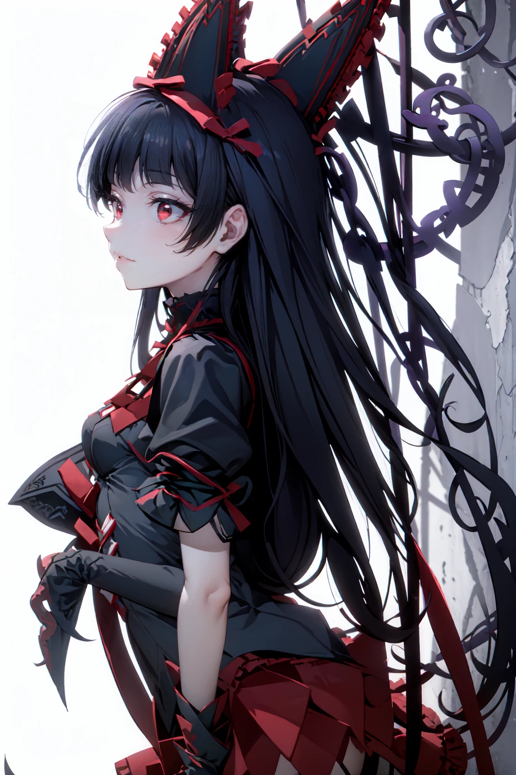 Rory Mercury, Rory Mercury, Black Hair, Blunt bangs, Hime cut, hair ornaments, Red lipstick, Long Hair, Cute face, compensate, (Small box:1.2), (Red eyes:1.5), break Gothic underwear, Perfect body (Small breasts:1.3), break in full growth, Red Shoes, break Black Stockings, Black Gloves break, Black thighs, Garter Straps, gloves, Gothic, Hair Ribbon, Gothicファッション, puffy Short sleeve, Puffy sleeves, Short sleeve, tights, tights, looks at the viewer, break (masterpiece:1.2), Highest quality, High resolution, unity 8k wallpaper, (Illustration:0.8), (Beautiful details in the eyes:1.6), Highly detailed face, Perfect lighting, Highly detailed CGI, (Perfect Arms, Perfect Anatomy), (white background:1.5), I have nothing in my hands, 1girl, whole body, Confused eyes