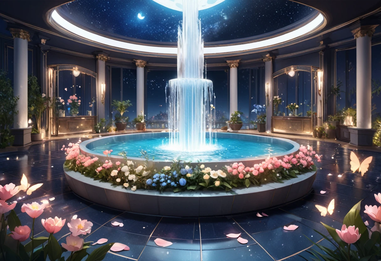 ((Highest quality)),((high-res)),night, Starry Sky, A magical indoor garden, moon, relief,Sparkling water fountain, Lots of flowers, Glowing Butterfly, The background is a garden with petals and papas flying around