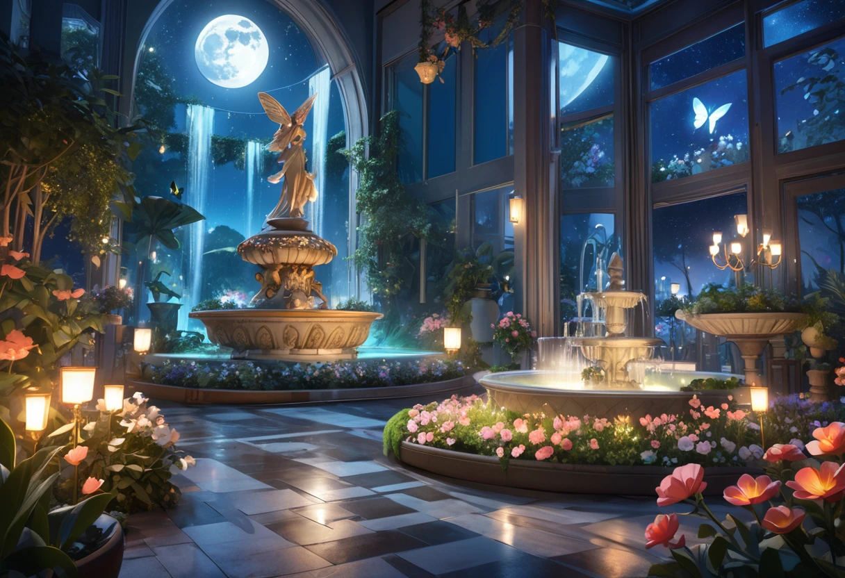 ((Highest quality)),((high-res)),night, Starry Sky, A magical indoor garden, moon, sculpture,relief,Sparkling water fountain, Lots of flowers, Glowing Butterfly, The background is a garden with petals and papas flying around