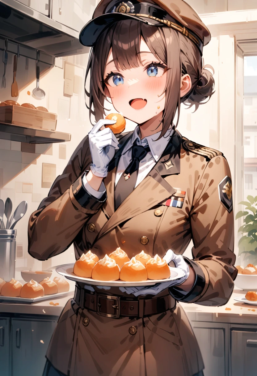 masterpiece, best quality, very aesthetic, absurdres, newest, 1girl, solo, open mouth, bangs, blue eyes, brown hair, shirt, gloves, long sleeves, hat, jacket, white shirt, sidelocks, food, necktie, collared shirt, belt, white gloves, hair bun, uniform, military, military uniform, single hair bun, holding food, black necktie, brown jacket, making sweets, whipping cream, kitchen, happy, indoor, mid-shot