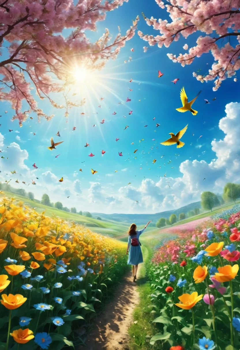 Una persona recogiendo flores en un campo.. Hermoso paisaje de campo de flores en la mañana de primavera. en el cielo azul, Ave volando. Iluminación de cine. Satisfacción. ultra alta definición. Muy detallado. Una persona recogiendo flores en primer plano. 