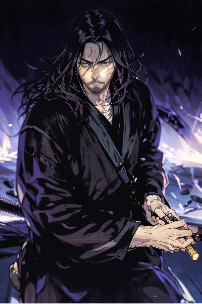 eine Nahaufnahme einer Person, die ein Katana in einem dunklen Raum hält, böser männlicher Zauberer, Salomon Kane, Porträt eines Samurai, the allfather, Gutaussehend guy in demon slayer art, as a Salomon Kane, dunkel verhüllter Nekromant, Musashi Miyamoto, Stehen, Kampfhaltung, den Betrachter anschauen, vordere Kamera, Augenhöhe, Gutaussehend, Bart, lange Haare, wütender Gesichtsausdruck, Schwertpose zeichnen, ein Mann, der sein Schwert an seiner Seite hält.