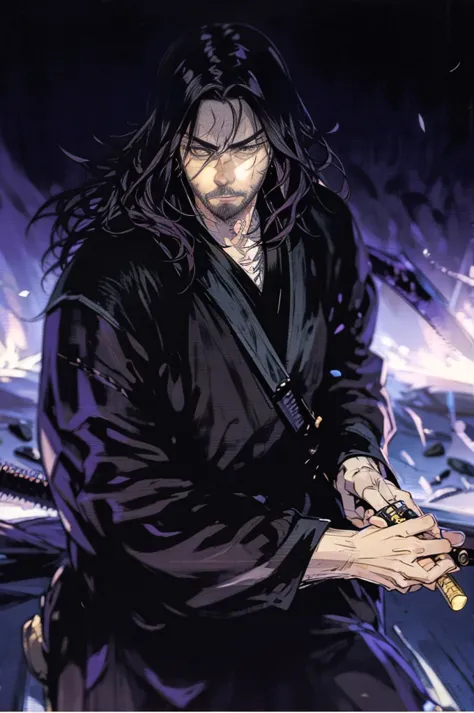 a close up of a person holding a katana in a dark room, evil male sorcerer, solomon kane, portrait of samurai, the allfather, ha...
