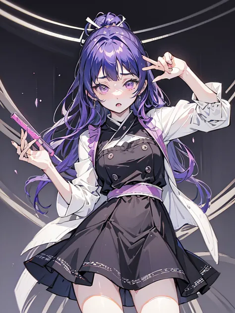 a 20-year-old japanese girl with long purple hair and one purple eye and one black eye. she plays in a rock band and usually wea...