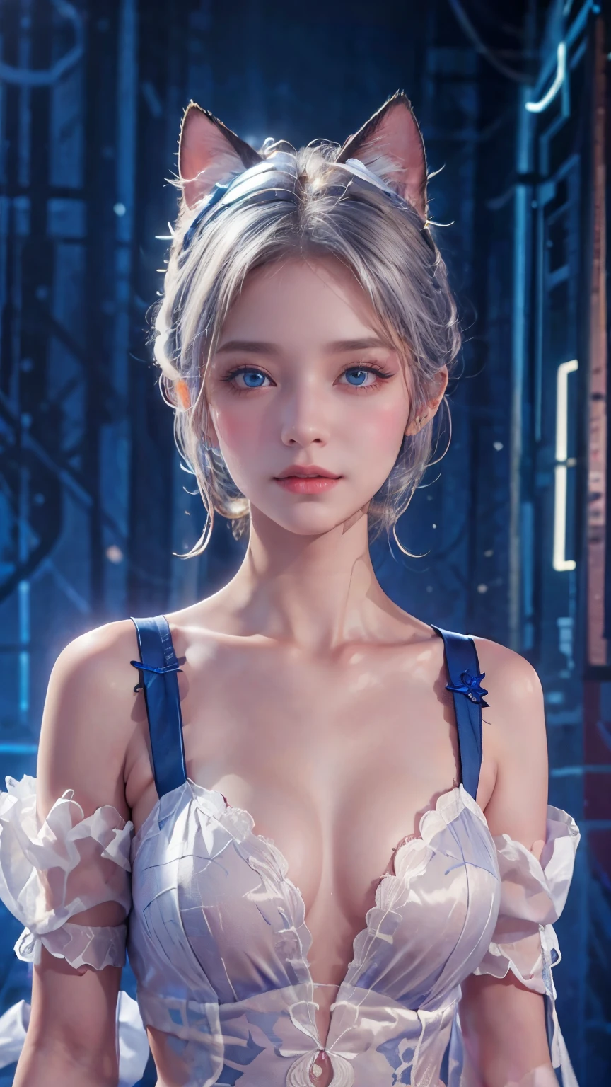 (masterpiece: 1.2, best quality), (real picture, Intricate details), 1 woman, Solitary, Upper Body, Random, Shoulder-length hair, Minimalist Makeup, Natural fabrics, Close-up of face, Smile, Home, White hair, blue eyes, Cat ears,