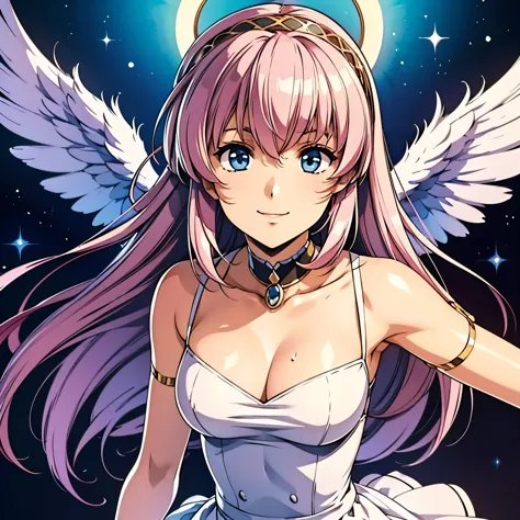 megurine luka、Big angel wings、Angel Halo、smile、Look at this、Wearing a light white dress