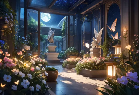 ((highest quality)),((high-res)),night, starry sky, a magical indoor garden, moon, sculpture,relief,lots of flowers, glowing but...