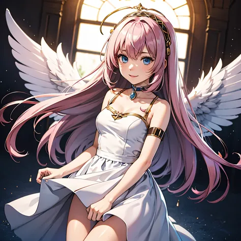 megurine luka、big angel wings、angel halo、smile、look at this、wearing a light white dress