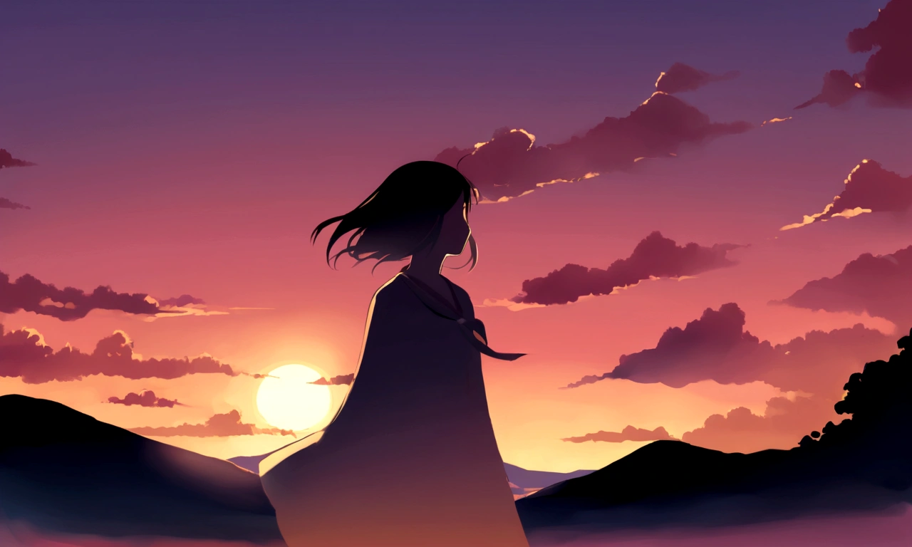 Illustration of a sunset landscape。With the sun setting in the distance、There is a girl character gazing at it.。In natural shades、Aim for a calming effect。By adding some moving wave and wind effects,、Expressing the rhythm of nature。