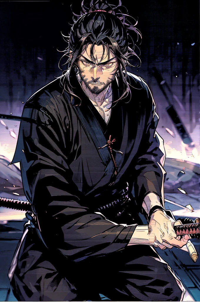 eine Nahaufnahme einer Person, die ein Katana in einem dunklen Raum hält, böser männlicher Zauberer, Porträt eines Samurai, Gutaussehend guy in demon slayer art, dunkel verhüllter Nekromant, Musashi Miyamoto, Stehen, Kampfhaltung, den Betrachter anschauen, vordere Kamera, Augenhöhe, Gutaussehend, Bart, lange Haare, wütender Gesichtsausdruck, Schwertpose zeichnen, ein Mann, der sein Schwert an seiner Seite hält.