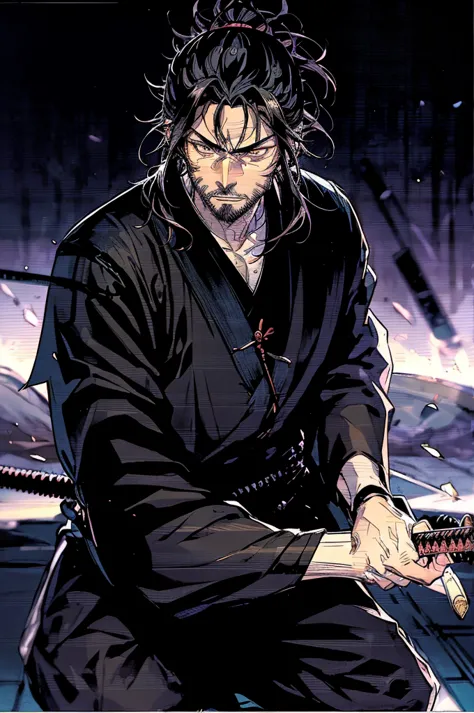 a close up of a person holding a katana in a dark room, evil male sorcerer, portrait of samurai, handsome guy in demon slayer ar...