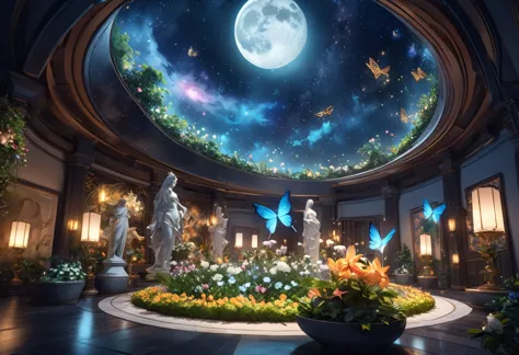 ((highest quality)),((high-res)),night, starry sky, a magical indoor garden, moon, nebula,sculpture,relief,lots of flowers, glow...