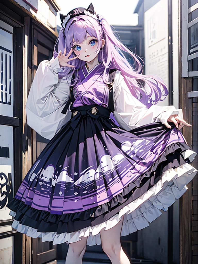 A 20-year-old Japanese girl with long purple hair and blue eyes. She plays in a rock band and usually wears black-pink loli dresses. She has pale skin