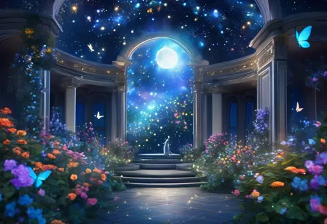 ((highest quality)),((high-res)),night, starry sky, a magical indoor garden, moon, nebula,sculpture,relief,lots of flowers, glow...