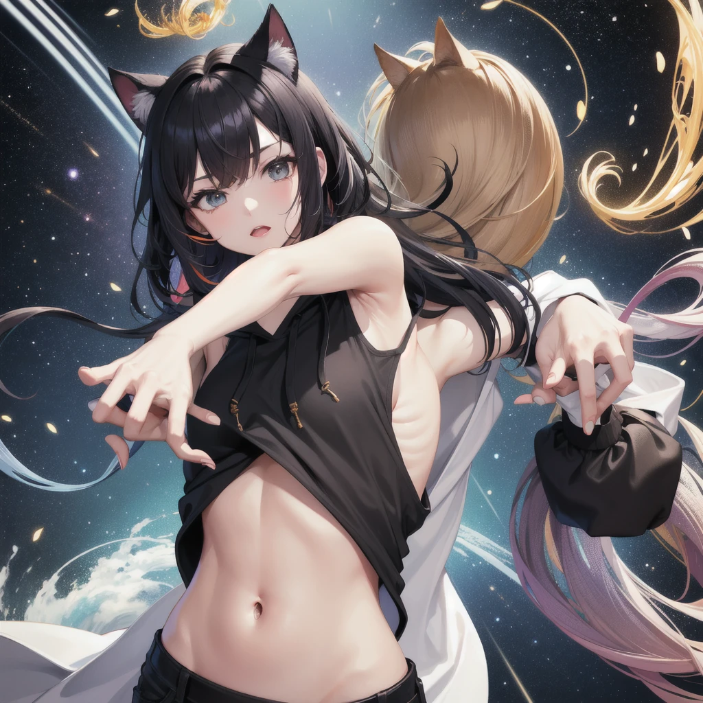 (masterpiece, Highest quality, Highest quality, Official Art, beautifully、aesthetic:1.2), (One girl), Very detailed, Has an assault rifle, colorful, Most detailed, Perfect Face, Upper Body, High resolution, (Open your arms:1.3), (White cloak Golden Line:1.2), Milky Way, (Streaks of Light), Impressive visuals, (Dynamic stripes, Light trail:1.2), Vibrant colors, Cat ear、Wearing a black tank top、Belly button showing、Wearing an oversized hoodie、Dog&#39;s tail、Large hooded jacket