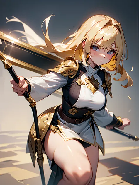 Paladin,beautiful breasts,holding shield,spear,Hair Color is gold,hair style is sideponytali, high Quality,best quality