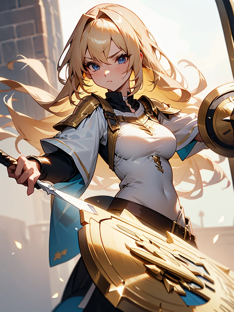 Paladin,beautiful breasts,holding shield,spear,Hair Color is gold,hair style is sideponytali, high Quality,best quality