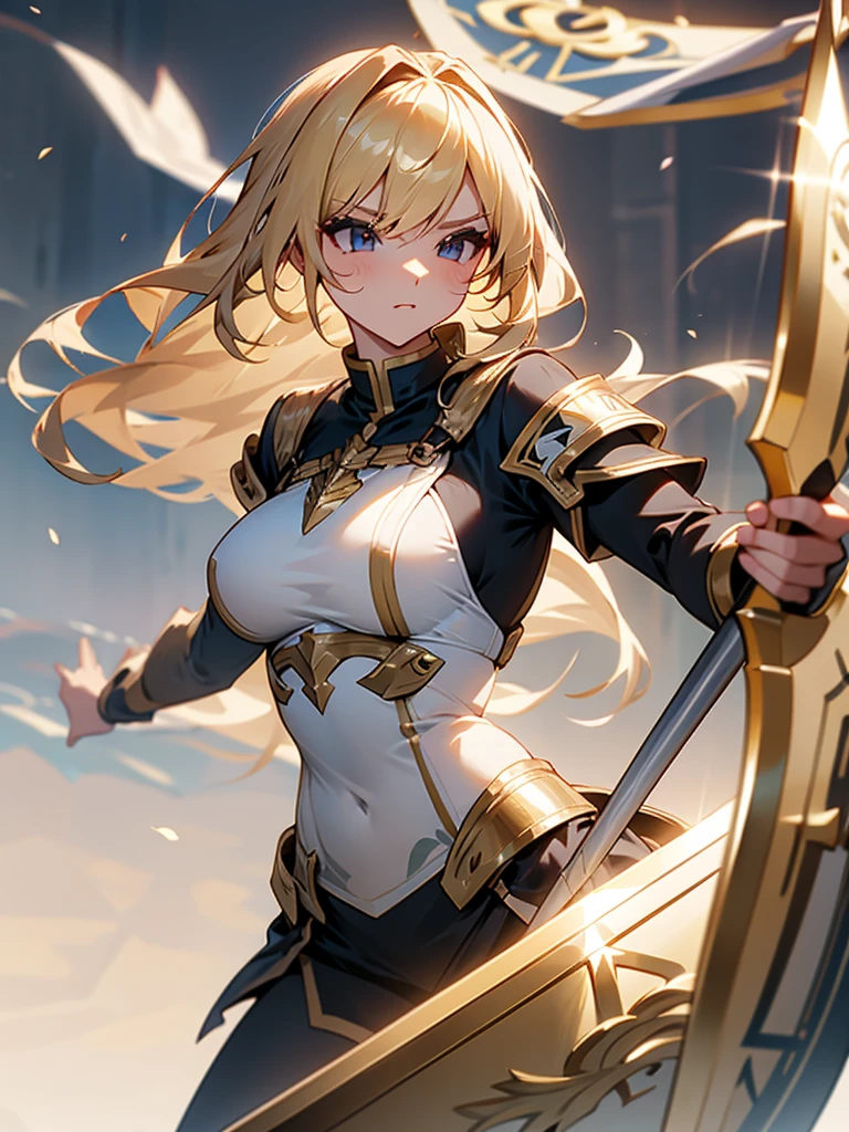 Paladin,beautiful breasts,holding shield,spear,Hair Color is gold,hair style is sideponytali, high Quality,best quality