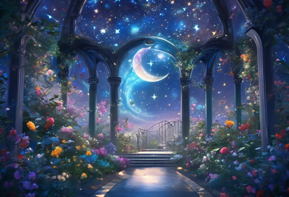 ((Highest quality)),((high-res)),night, Starry Sky, A magical indoor garden, moon, nebula,sculpture,relief,Lots of flowers, The background is a garden with petals and papas flying around