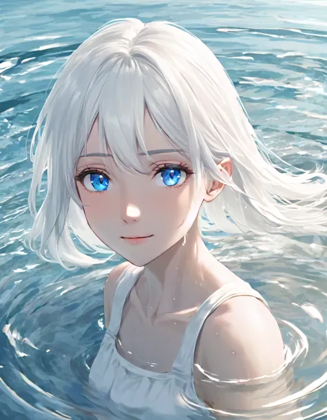 anime style female character in water, (long  white hair:1.2), (kind expression:1.1), blue colored eyes, white top, (rippling ef...