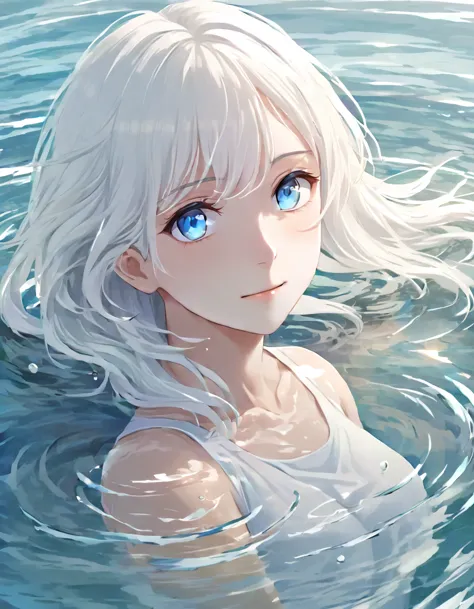 anime style female character in water, (long  white hair:1.2), (kind expression:1.1), blue colored eyes, white top, (rippling ef...