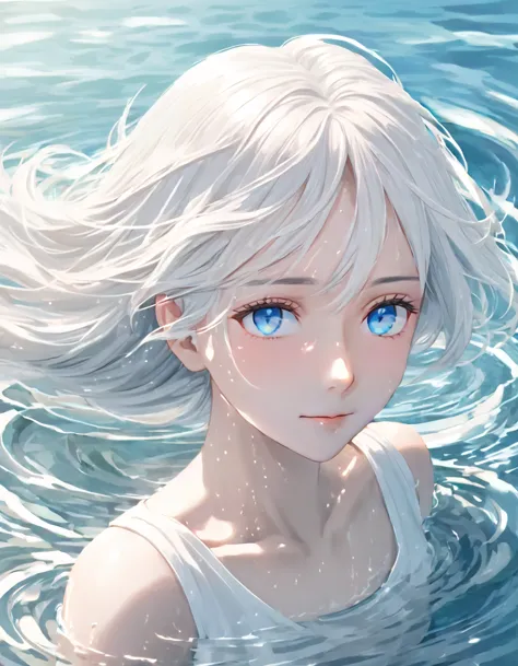 anime style female character in water, (long  white hair:1.2), (kind expression:1.1), blue colored eyes, white top, (rippling ef...