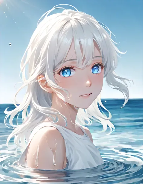 anime style female character in water, (long  white hair:1.2), (kind expression:1.1), blue colored eyes, white top, (rippling ef...