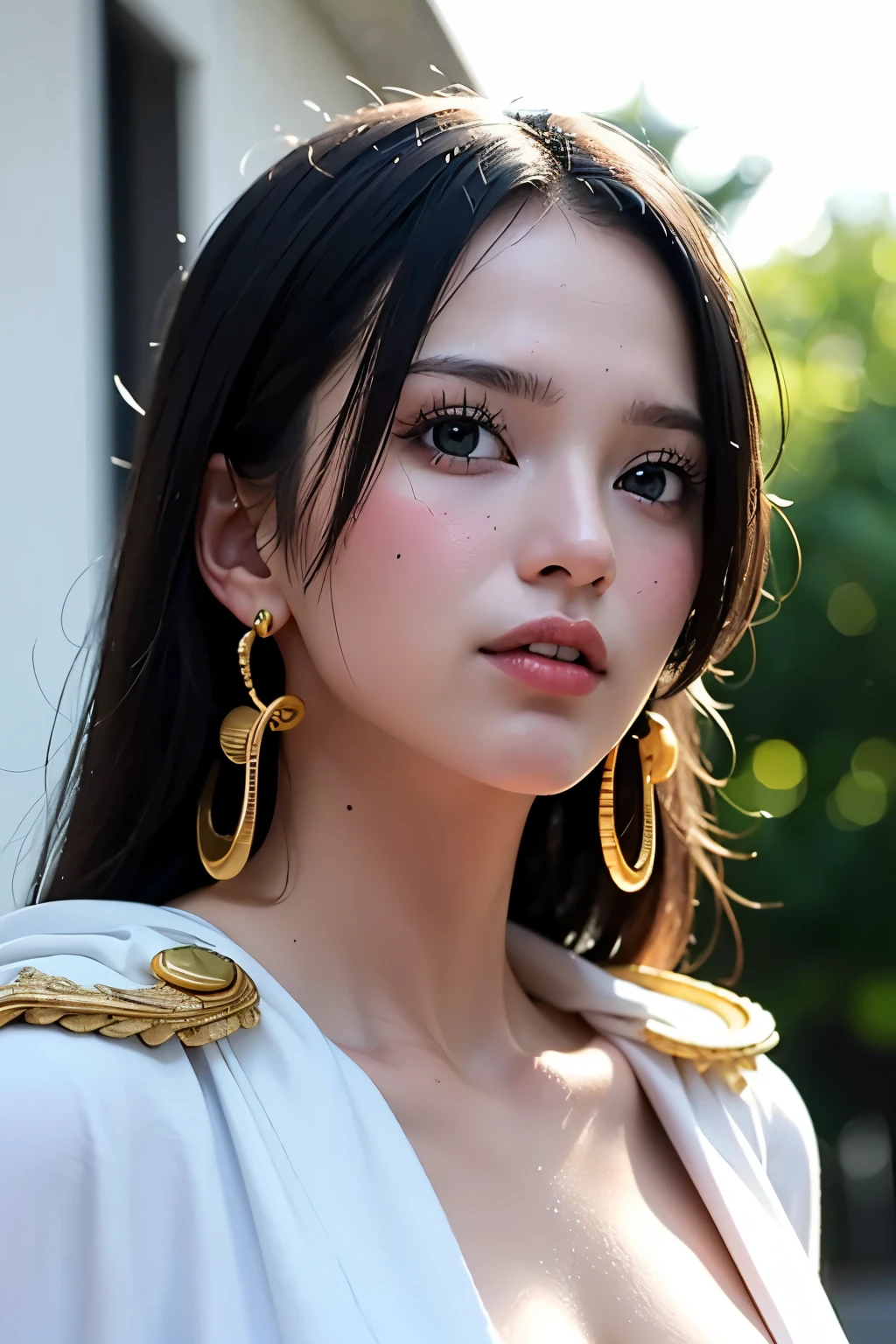 (masterpiece), (best quality), (Practical), Nikon RAW photos, Fuji XT3,  (detailed, 21-year-old young female captain, big eyes, Gold snake earrings, Look away), Sensual, (ultra detailed), 8K, 4K, complex, superior_Body, detailed_Face, Optimal lighting, outdoor, cosmetic, Bleached background, Low level,(masterpiece, best quality:1.4), (Face focus:1.5), external, (Close to the sea), 1 Girl, Solitary, Hancock 1, 1 Girl, Boya Hancock, Large Breasts, cleveage, Long hair, Epaulettes, cape, (white cape:1), Top of crop, Long sleeve, Side slits, (Young women in Europe:1), Looking at the audience, Beautiful Smile, beautiful Face, highly detailed Face, highly detailed eyes, subsurFace scattering, Practical pupils, full Face blush, Full lips, detailed background, Depth of Field, Volumetric Lighting, Clear focus, absurd, Practical proportions, (Practical, hyperPractical:1.4), 16k High Dynamic Range
