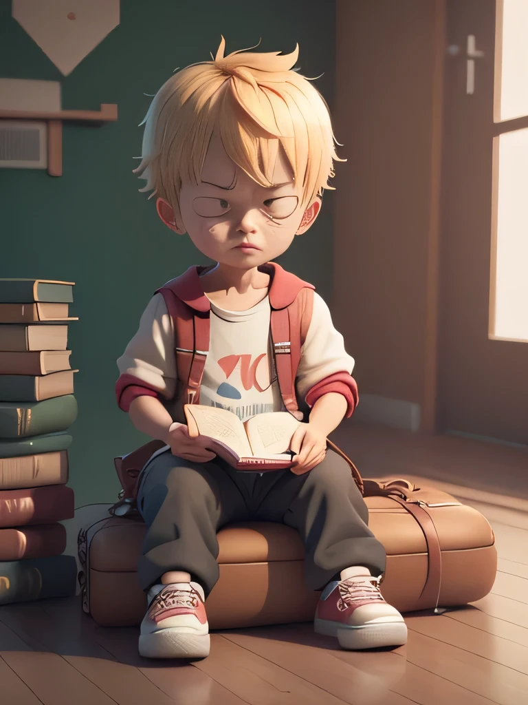 cute 3d render, cute detailed digital art, cute mini boy student boy, cute digital painting, stylish 3d render, cute digital art, cute anime boy 3d render, student crying disappointed while reading a book, cute! c4d, anime portrait of a student boy, ((he is wearing a neat long-sleeved white shirt, with a bag and on his back, black trousers with shoes,)), ((sitting in the room)).