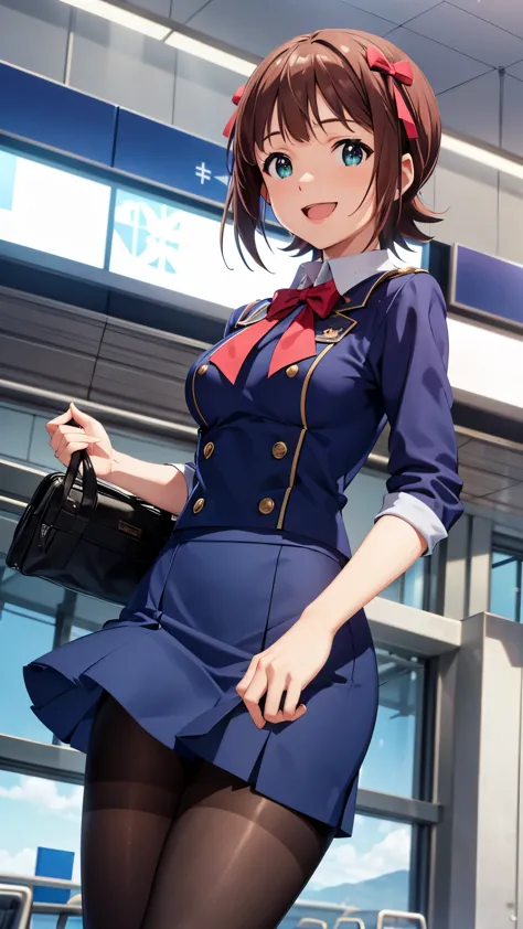 cg, unity, 8k, wallpaper, highest quality, masterpiece, 1 girl, haruka amami, flight attendant, cowboy shot, standing, looking a...