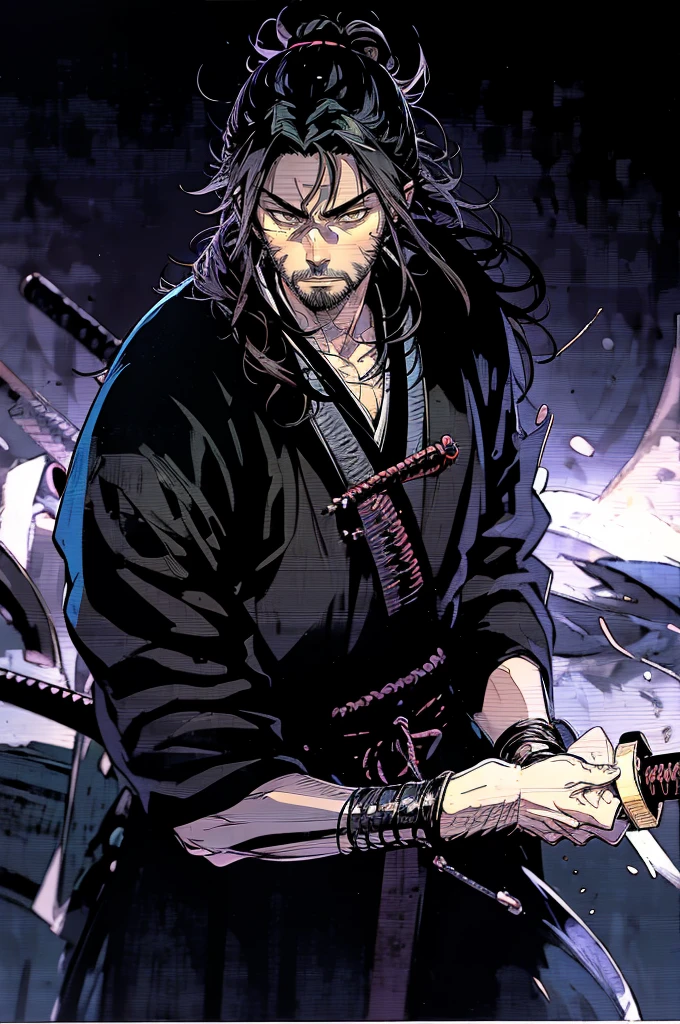 eine Nahaufnahme einer Person, die ein Katana in einem dunklen Raum hält, böser männlicher Zauberer, Porträt eines Samurai, Gutaussehend guy in demon slayer art, dunkel verhüllter Nekromant, Musashi Miyamoto, Stehen, Kampfhaltung, den Betrachter anschauen, vordere Kamera, Augenhöhe, Gutaussehend, Bart, lange Haare, wütender Gesichtsausdruck, Schwertpose zeichnen, ein Mann, der sein Schwert an seiner Seite hält.