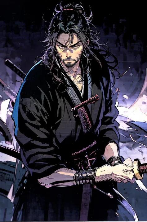 a close up of a person holding a katana in a dark room, evil male sorcerer, portrait of samurai, handsome guy in demon slayer ar...
