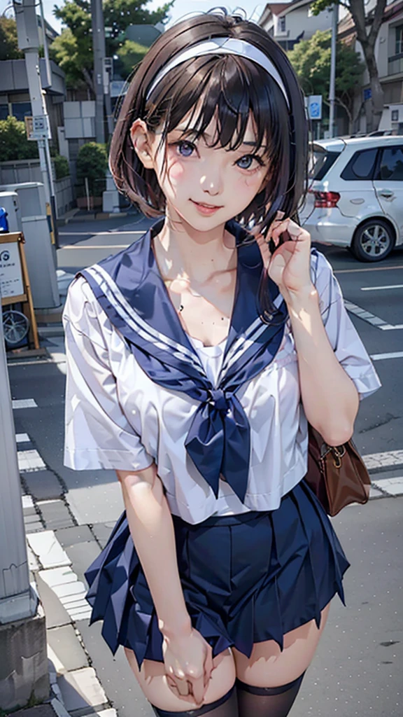 Sailor suit, One Woman, (Beautiful woman, delicate :1.3), Black Hair, Bobcut, Buns pats, 8k, Highest quality, masterpiece, Very detailed, Ultra-high resolution, Realistic, RAW Photos, Absolute Resolution, face is small compared to body (4:1), Very small face (4:1), The face is balanced, Black Hair, Sailor suit, Long dark blue skirt, realistic high school girl, ((White headband)), Small breasts, expensive, Slanted Eyes, Purple eyes, (In front of the school gate), (Black Stockings), Open your mouth, smile, Top-down position, stand, Back Bag, 