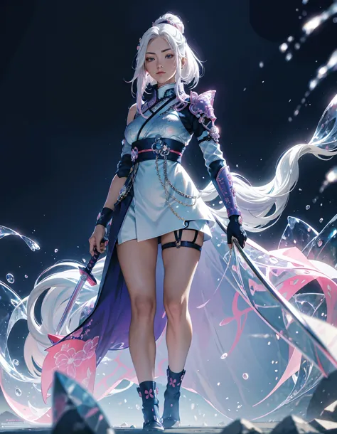 A vibrant and colorful illustration of an anime-style female samurai character with white hair, holding her sword in front of he...